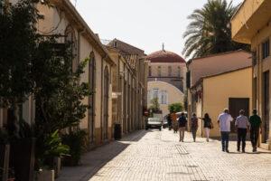 Nicosia cyprus people walking in a narrow street to san bernabe apostol cathedral in old part